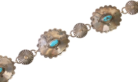 NATIVE AMERICAN SILVER & TURQUOISE SCALLOPED CONCHO BELT