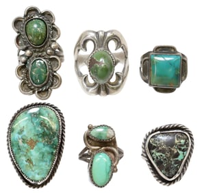 (6) NATIVE AMERICAN SILVER & TURQUOISE CABOCHON RINGS