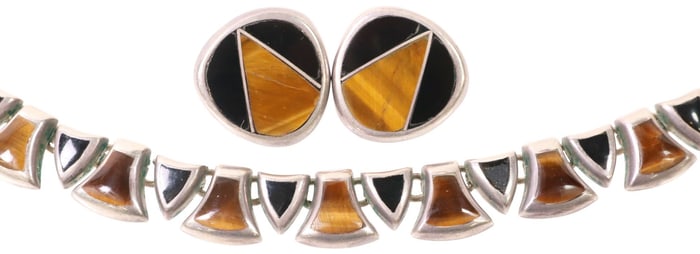(2) TAXCO .950 SILVER, TIGER'S EYE & ONYX NECKLACE & EARRINGS