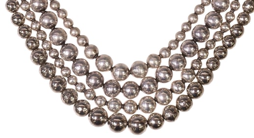(4) MEXICO & OTHER SILVER HOLLOW BEADED NECKLACES, 2 STERLING