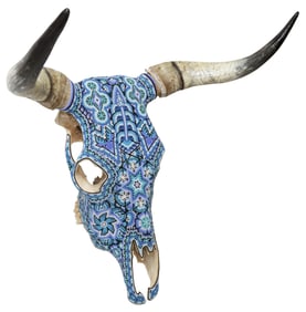 HUICHOL BLUE-BEADED TAXIDERMY BULL SKULL, MEXICO
