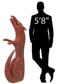 KLINDT B. HOULBERG (ATTRIB) FOLK ART CARVED & PAINTED WOOD LIFE-SIZE HOWLING WOLF, 60"H