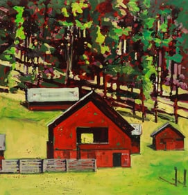 CAROLE WADE (20TH C.) ACRYLIC PAINTING RED BARN, 48" X 46"