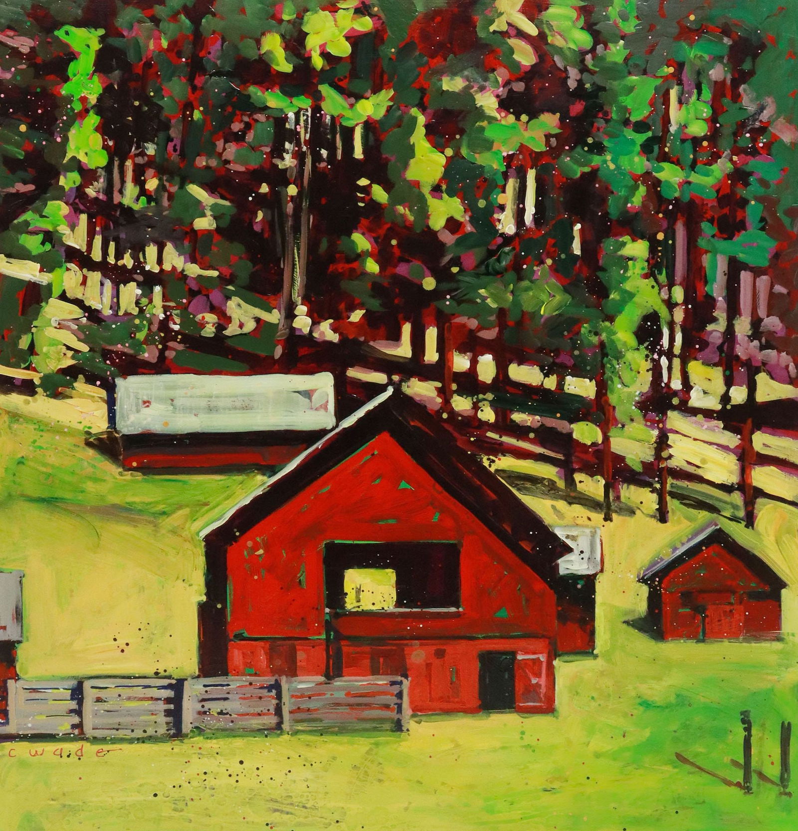 CAROLE WADE (20TH C.) ACRYLIC PAINTING RED BARN, 48" X 46" (1 of 4)