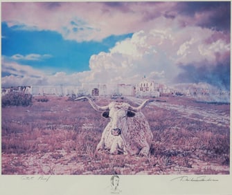 DAVID SANDERS PRINT LONGHORN & ALAMO WITH REMARQUE