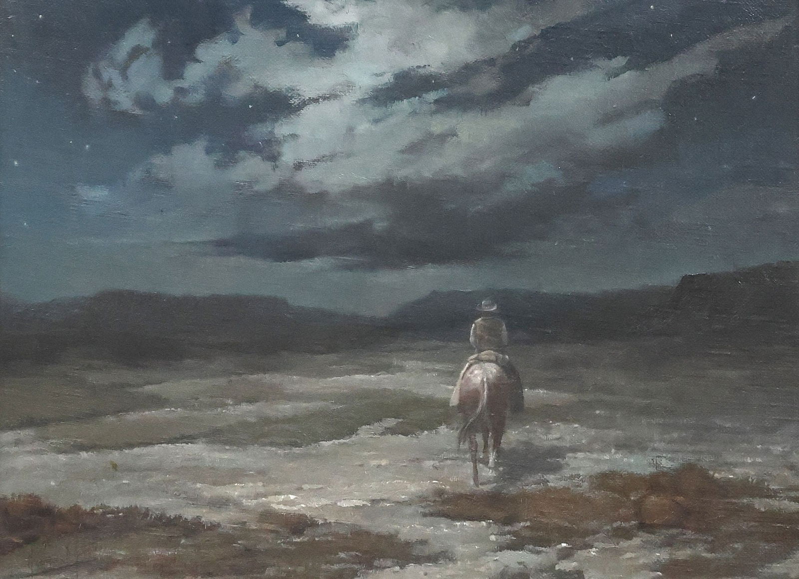 GEORGE DEE SMITH (B.1944) COWBOY PAINTING, 'MIDNIGHT RIDE,' 9" X 12": Framed oil on canvas painting, "Midnight Ride," signed lower left George D. Smith (George Dee Smith, Wyoming, b.1944), dated [19]76, titled with additional artist's signature on back stretcher, sight: