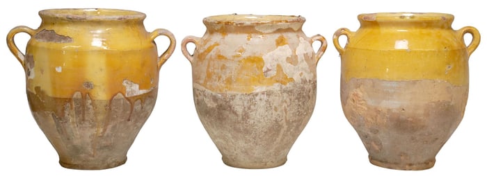(3) LARGE FRENCH OCHRE GLAZED EARTHENWARE CONFIT POTS