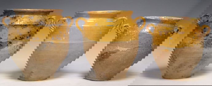 (3) LARGE FRENCH OCHRE GLAZED EARTHENWARE CONFIT POTS