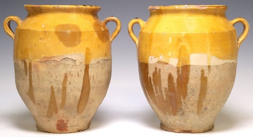 (2) LARGE FRENCH OCHRE GLAZED EARTHENWARE CONFIT POTS