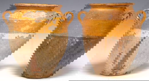 (2) LARGE FRENCH OCHRE GLAZED EARTHENWARE CONFIT POTS