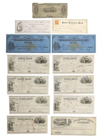 (13) COLLECTIBLE 19TH C. BANK CHECKS & R.R. TICKET