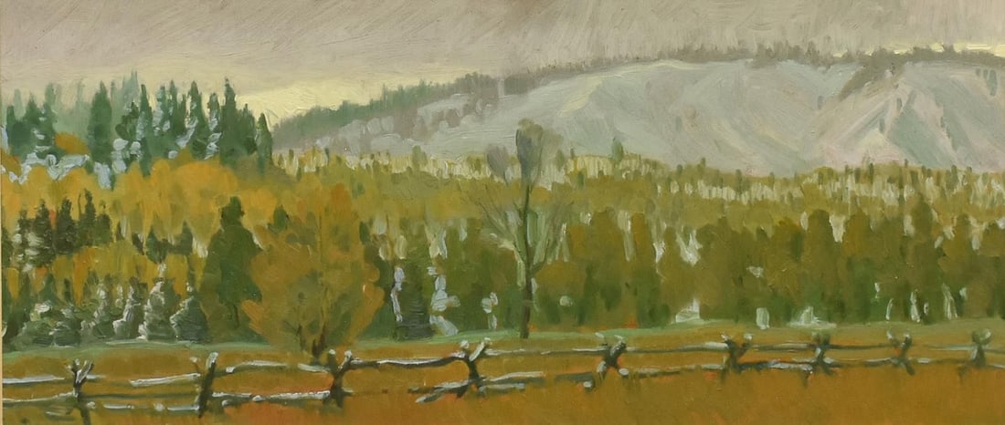 HOLLIS WILLIFORD (1940-2007) SOUTHWEST LANDSCAPE GREY MOUNTAIN: Framed oil on Masonite painting, "Gone September," unsigned, attributed to Hollis Williford (American, 1940-2007), titled on label verso, frame with Ernest Fuller Fine Art label, sight: approx 6"h, 14