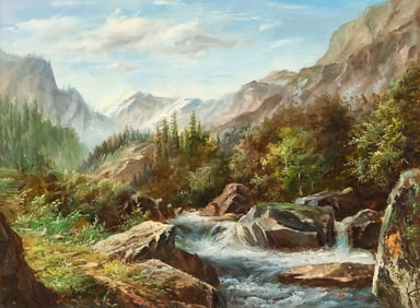MICKY LEE (20TH C.) MOUNTAINOUS RIVERSIDE LANDSCAPE PAINTING
