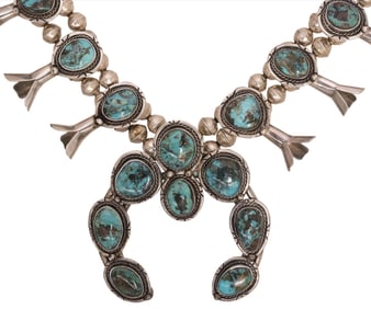 NATIVE AMERICAN SILVER & TURQUOISE SQUASH BLOSSOM NECKLACE