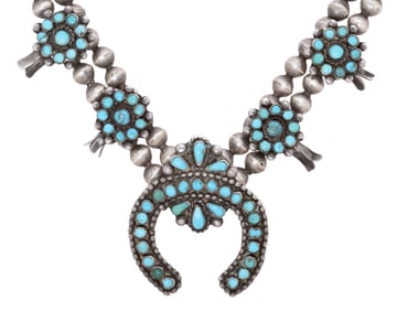 NATIVE AMERICAN SILVER & TURQUOISE SQUASH BLOSSOM NECKLACE