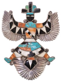 ZUNI PUEBLO INLAID SILVER KNIFEWING PENDANT BROOCH