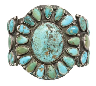 NATIVE AMERICAN SILVER & TURQUOISE CLUSTER CUFF