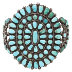 NATIVE AMERICAN SILVER & TURQUOISE CLUSTER CUFF BRACELET
