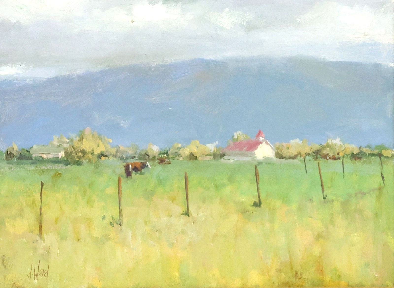 DON WARD (B.1947) PAINTING GRAZING CATTLE, 12" X 16": Framed oil on Masonite painting, Cattle Grazing in a Pasture, signed lower left D. Ward (Don Ward, American, active in Taos, New Mexico, b.1947), sight: approx 11 5/8"h, 15 5/8"w, overall: 21"h, 25"w,