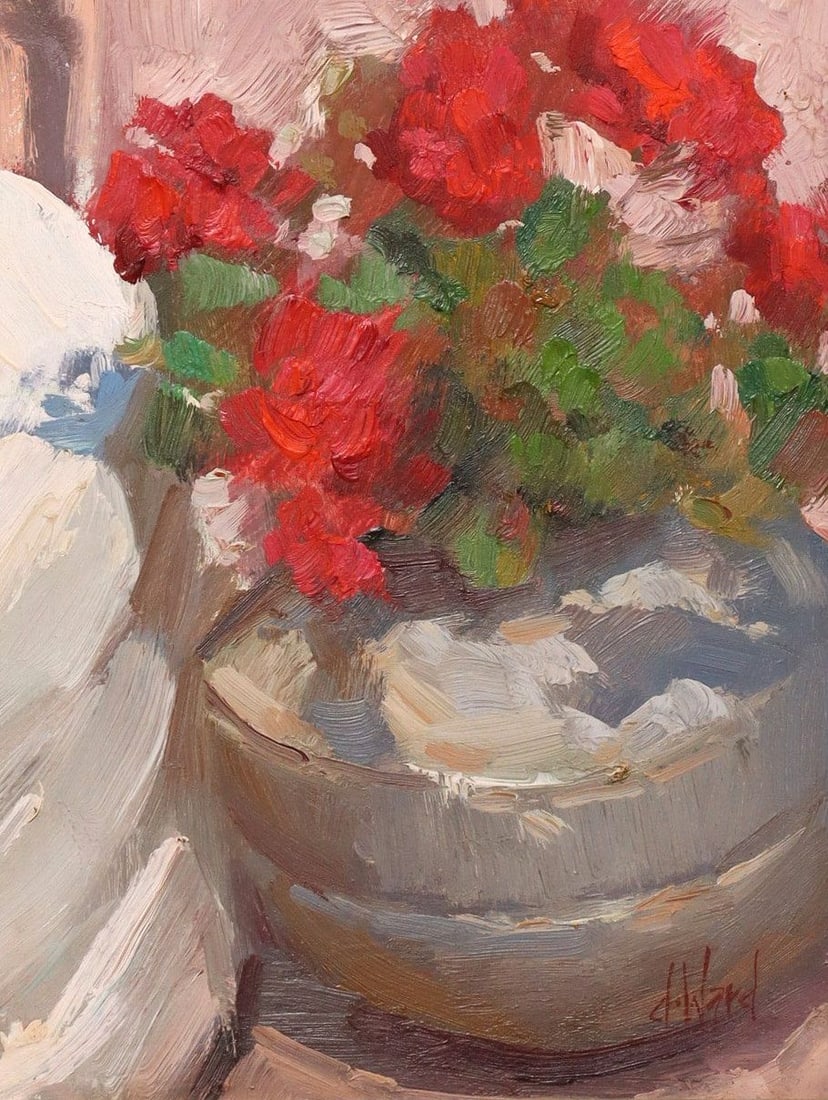 DON WARD (B.1947) STILL LIFE PAINTING RED GERANIUMS, 8" X 6" (1 of 5)