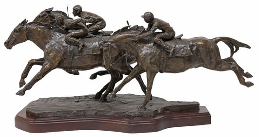 LORENZO E. GHIGLIERI (D.2020) BRONZE EQUESTRIAN SCULPTURE, 'PHOTO FINISH'