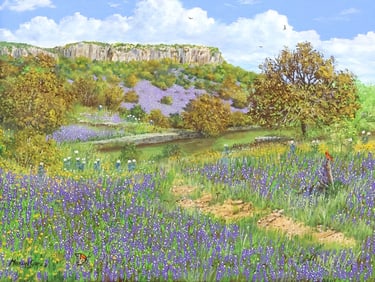 MANUEL GARZA (TX, B.1940) PAINTING, TEXAS BLUEBONNETS LANDSCAPE, 12" X 16"