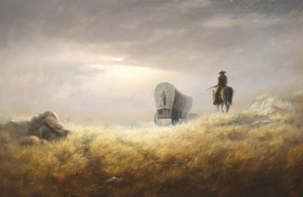 DALHART WINDBERG (TX, B.1933) WESTERN PAINTING, COWBOY & STAGECOACH, 24" X 36"
