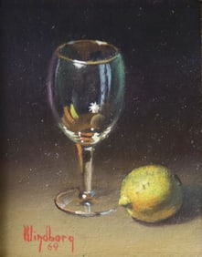 DALHART WINDBERG (TX. B.1933) MINIATURE STILL LIFE WITH WINE, 1.25" X 1"