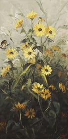 DALHART WINDBERG (TX, B.1933) PAINTING, DAISIES & BUTTERFLY, 24" X 12"