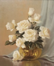 A.D. GREER (TX, 1904-1998) STILL LIFE WITH WHITE ROSES PAINTING, 20" X 16"
