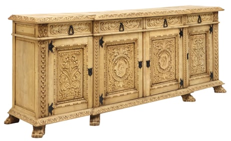 RENAISSANCE STYLE CARVED BLEACHED OAK SIDEBOARD