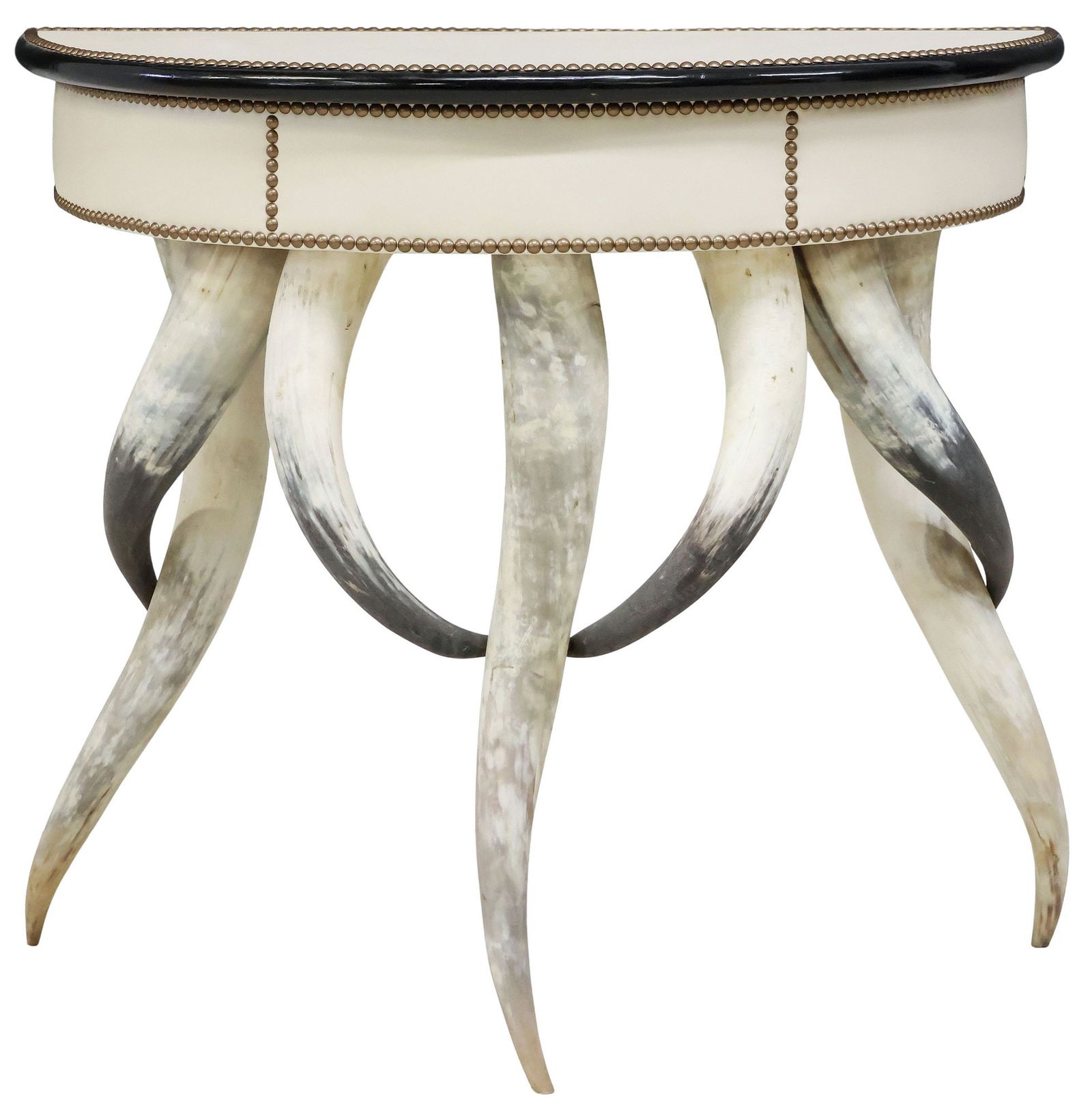 CUSTOM STEER HORN & LEATHER-CLAD DEMILUNE CONSOLE TABLE: Custom console table, 20th c., demilune top covered in close-nailed leather, above a base fashioned from seven steer horns, approx 32"h, 36"w, 17.75"d