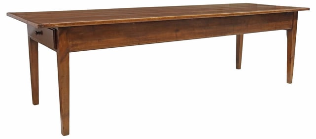 FRENCH PROVINCIAL FRUITWOOD FARMHOUSE TABLE, 105"L