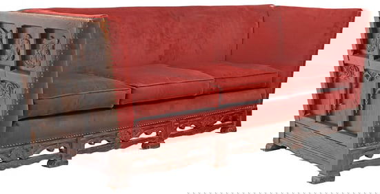 AMERICAN GOTHIC STYLE CARVED OAK VELVET-UPHOLSTERED SOFA