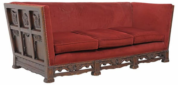 AMERICAN GOTHIC STYLE CARVED OAK VELVET-UPHOLSTERED SOFA