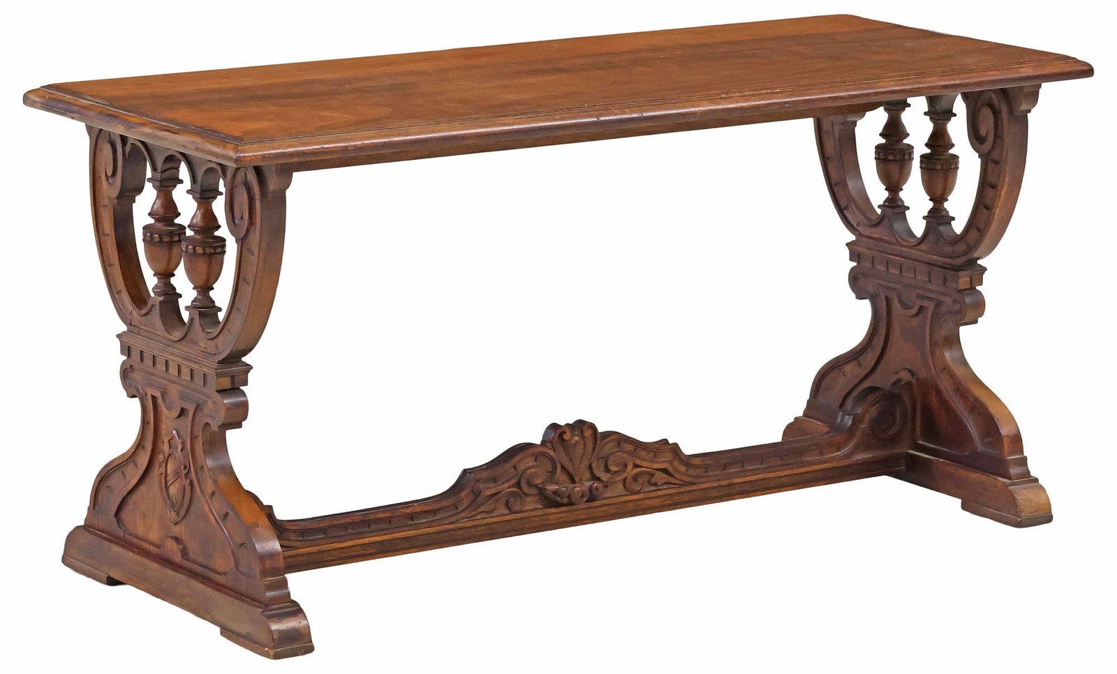 RENAISSANCE REVIVAL CARVED WALNUT TRESTLE BENCH (1 of 5)