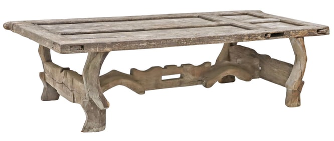 LARGE RUSTIC ARCHITECTURAL DOOR-TOP PANELED COFFEE TABLE