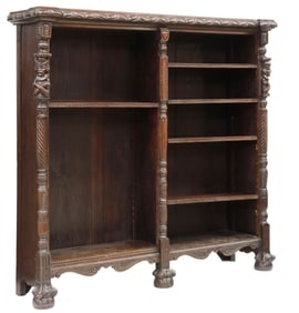ENGLISH FIGURAL CARVED OAK OPEN BOOKCASE
