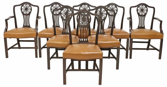 (8) HEPPLEWHITE STYLE LEATHER-SEAT EBONIZED CHAIRS