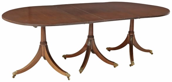 ENGLISH REGENCY MAHOGANY TRIPLE PEDESTAL DINING TABLE