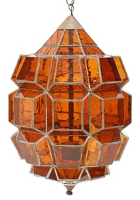 LARGE TIN & COLORED GLASS OCTAGONAL 2-LIGHT LANTERN, MEXICO