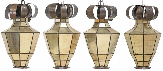 (4) IRON & VERRE EGLOMISE MIRRORED GLASS PENDANT LIGHTS, MEXICO