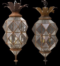 (2) LARGE IRON & GLASS FOLIATE OCTAGONAL 3-LIGHT LANTERNS, MEXICO