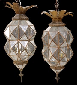(2) LARGE IRON & GLASS FOLIATE OCTAGONAL 3-LIGHT LANTERNS, MEXICO