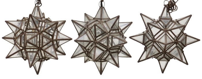 (3) IRON & GLASS MORAVIAN STAR HANGING PENDANT LIGHTS, MEXICO