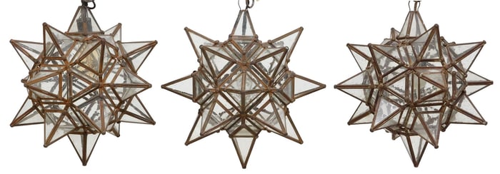 (3) IRON & GLASS MORAVIAN STAR HANGING PENDANT LIGHTS, MEXICO