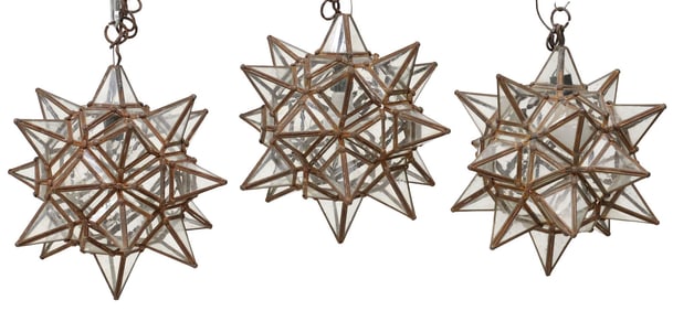 (3) IRON & GLASS MORAVIAN STAR HANGING PENDANT LIGHTS, MEXICO