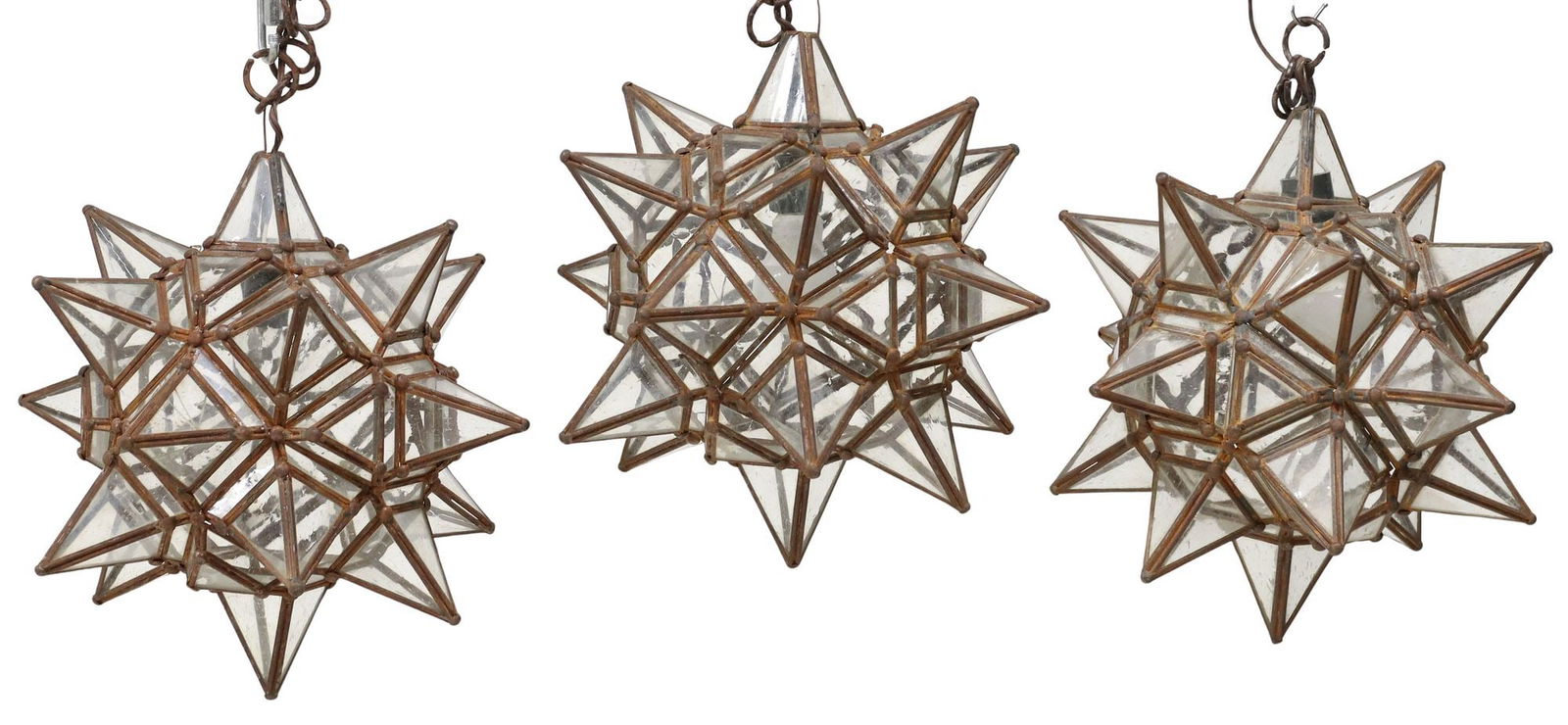 (3) IRON & GLASS MORAVIAN STAR HANGING PENDANT LIGHTS, MEXICO (1 of 2)