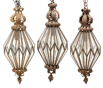 (3) WROUGHT IRON & GLASS 1-LT HANGING LANTERNS, MEXICO