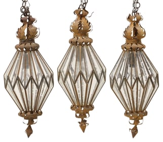 (3) WROUGHT IRON & GLASS 1-LT HANGING LANTERNS, MEXICO